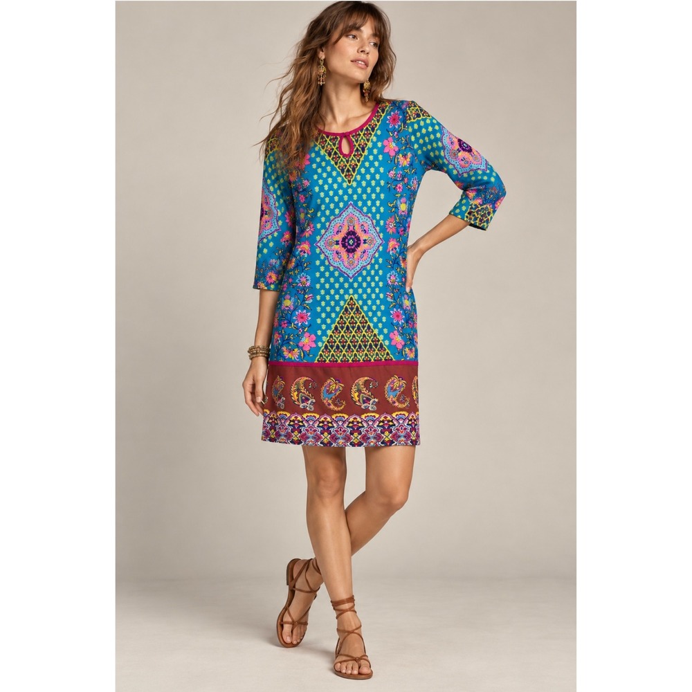 Fusion Beats Tunic Dress L/XL Blue Paisley Floral Boho 3/4 Sleeve Festival India
